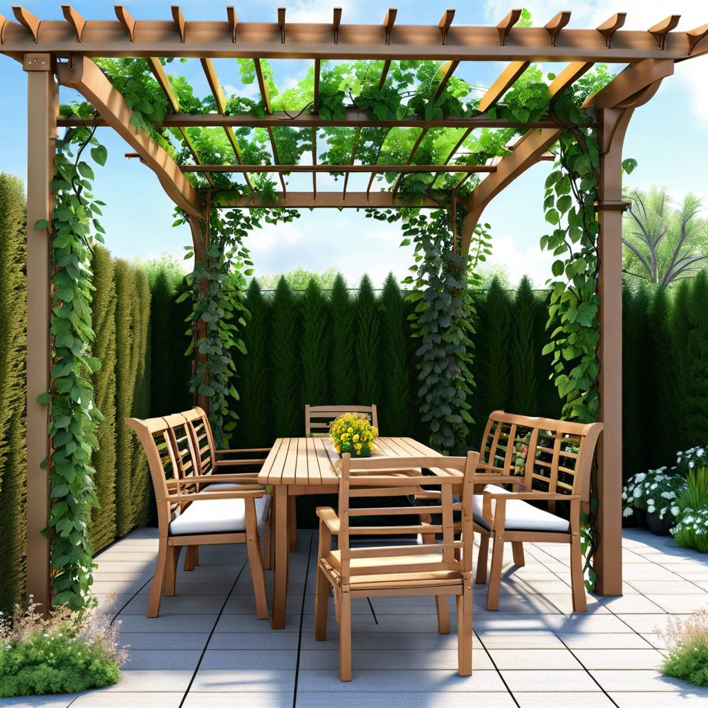 add a pergola with climbing perennial vines for shade and structure