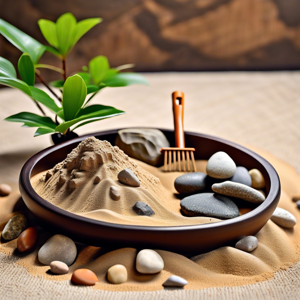 arrange a zen garden corner with sand rocks and a mini rake