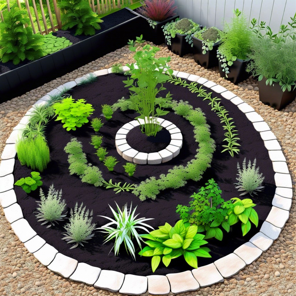 black mulch framed herb spiral garden