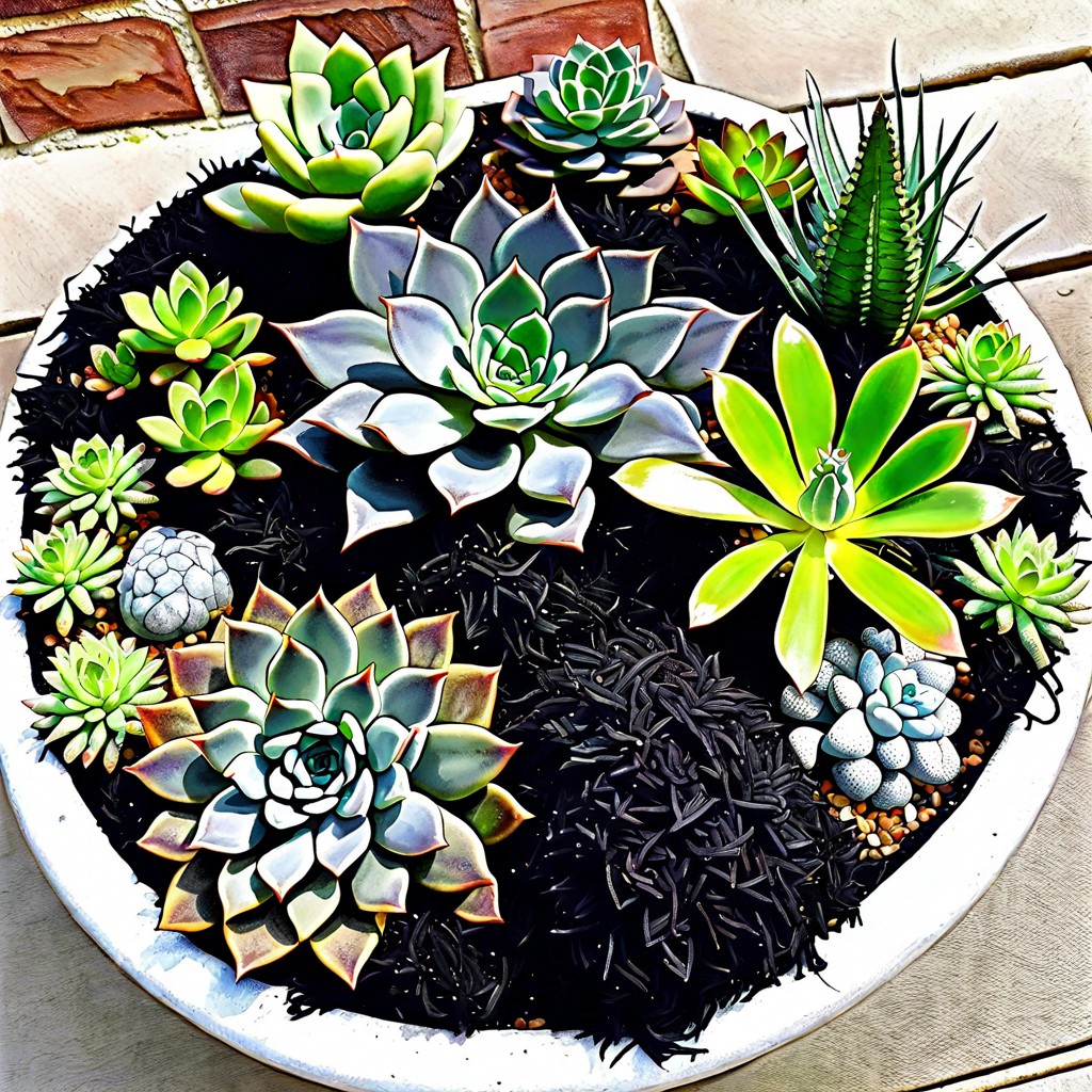black mulch highlighting a collection of succulents