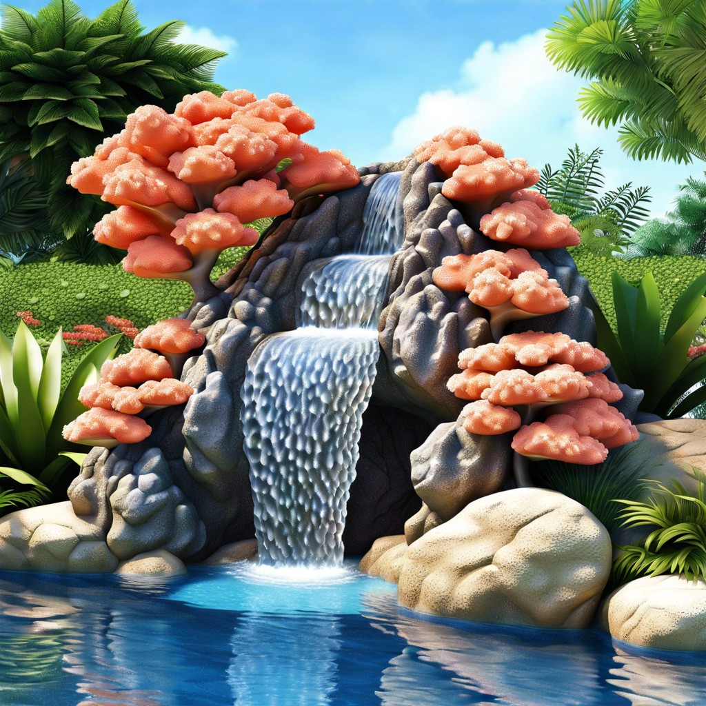 coral rock water features with waterfalls