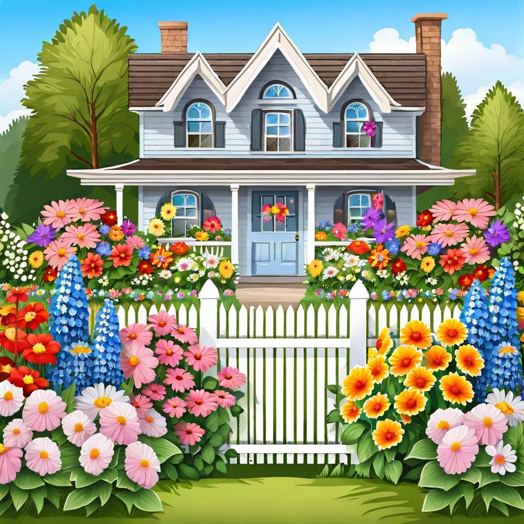 cottage style picket fence with colorful annuals