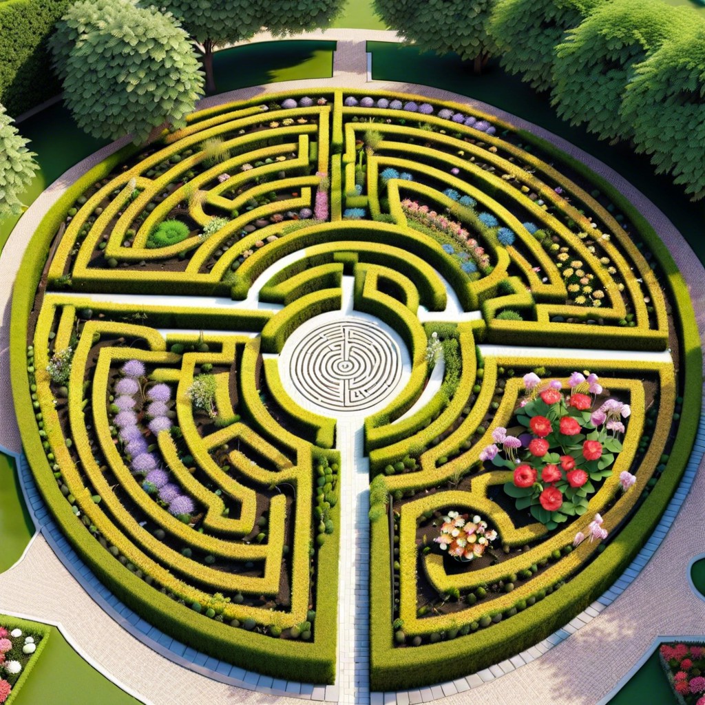 create a labyrinth garden with intricate flower paths