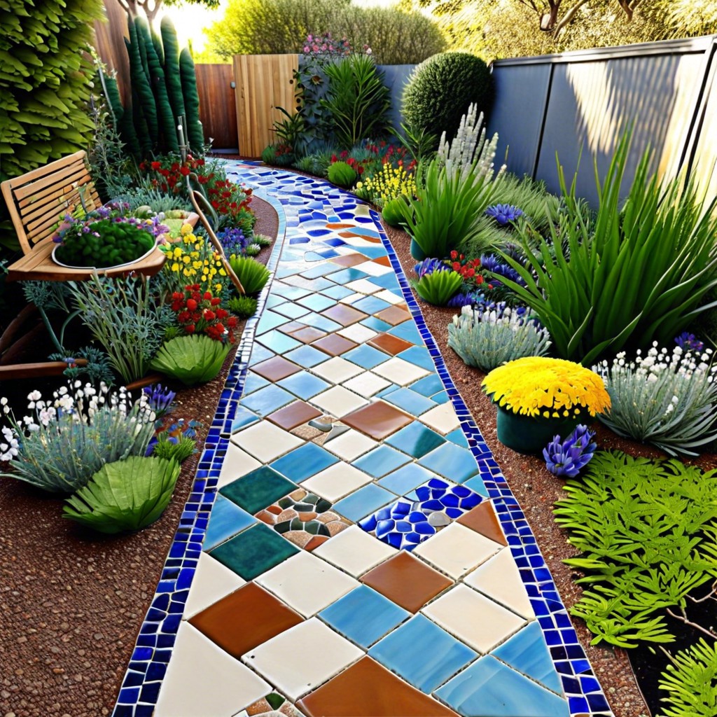 create a mosaic pathway with old tiles