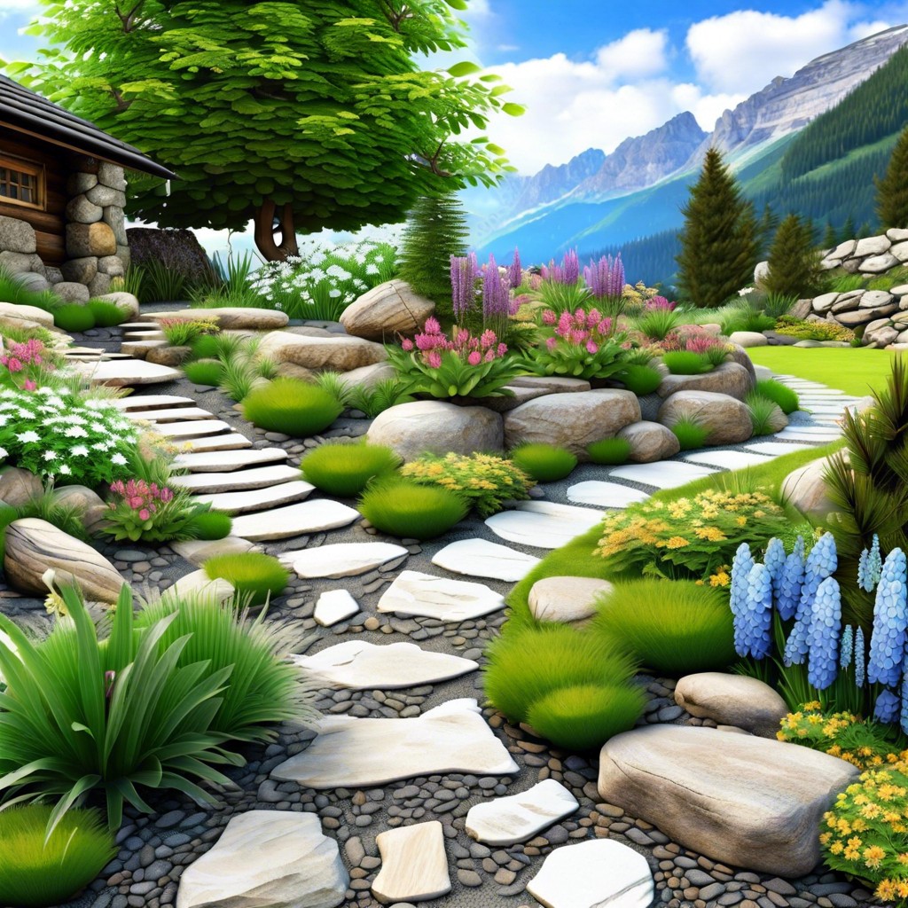 create a rustic rockery with alpine plants and stone