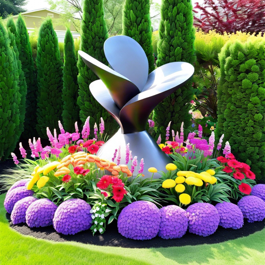 design a flower bed around a centerpiece sculpture or art piece