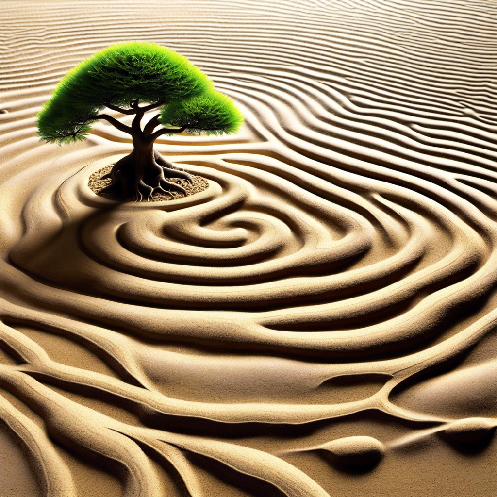 design a zen garden with sand around tree roots
