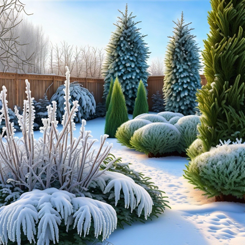 establish a winter garden featuring evergreen arborvitae and frost resistant plants