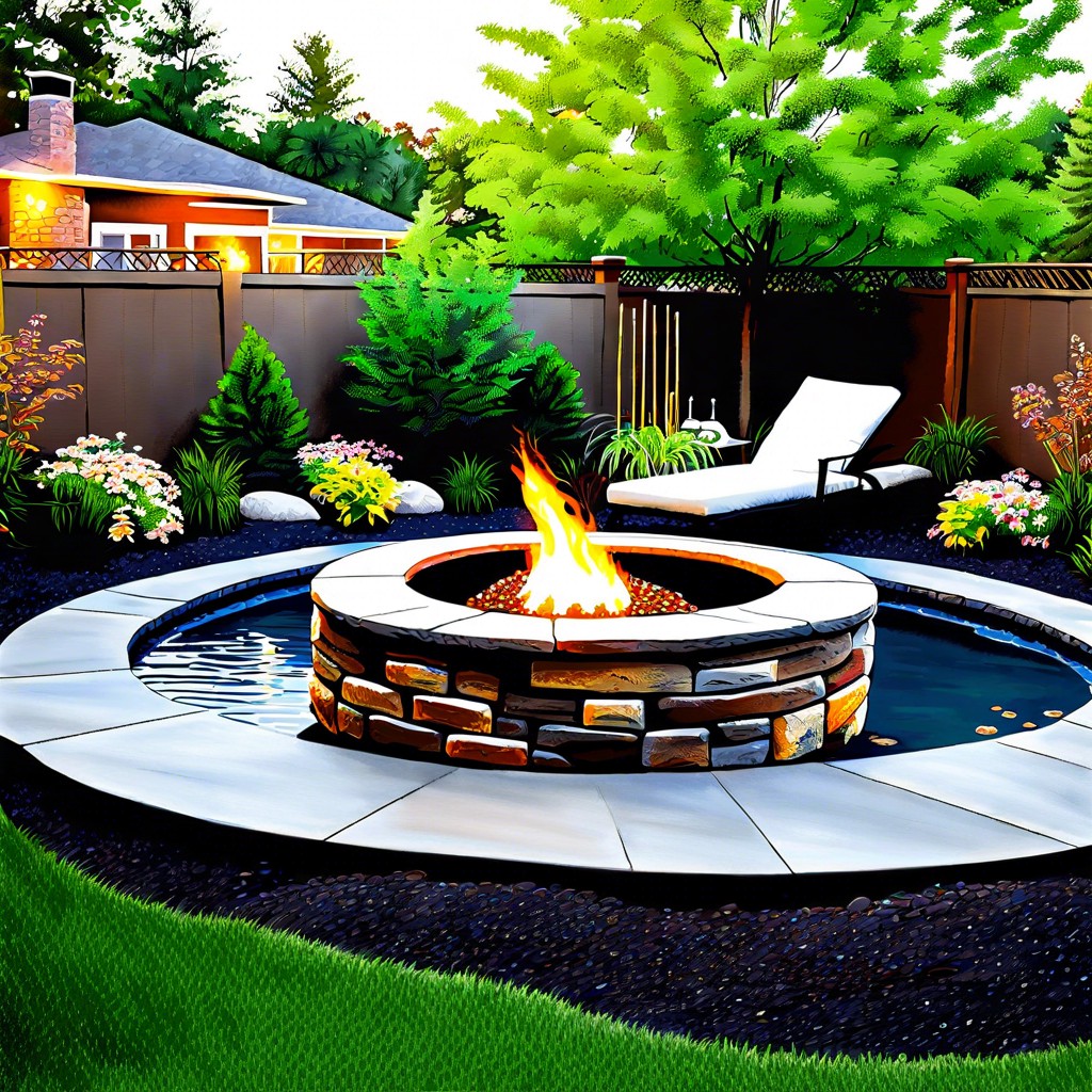 fire pit with surrounding water features