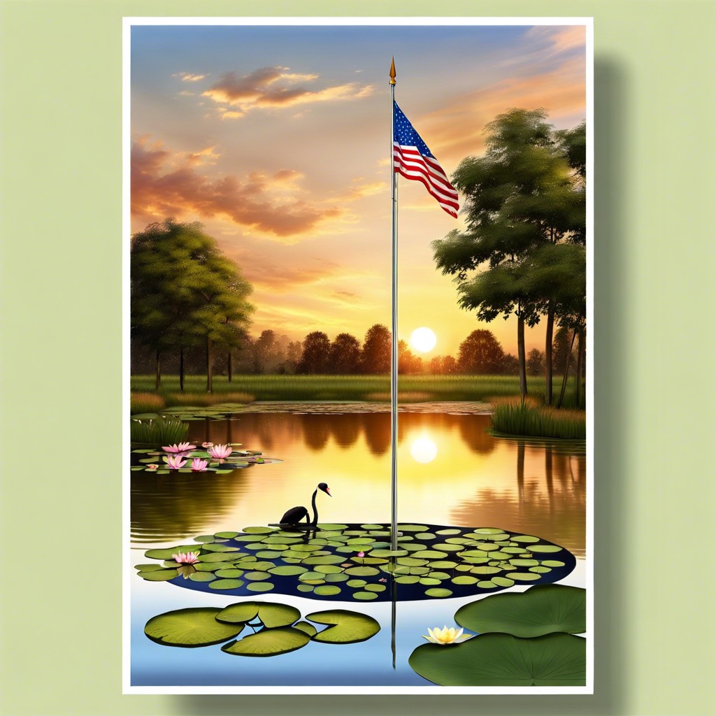 flagpole reflection pond with water lilies