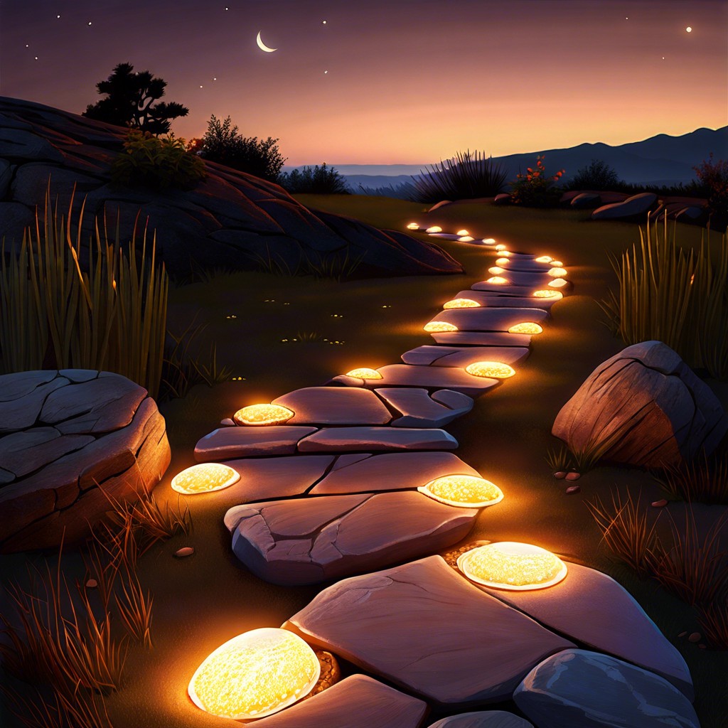 glowing rock pathways with solar lights