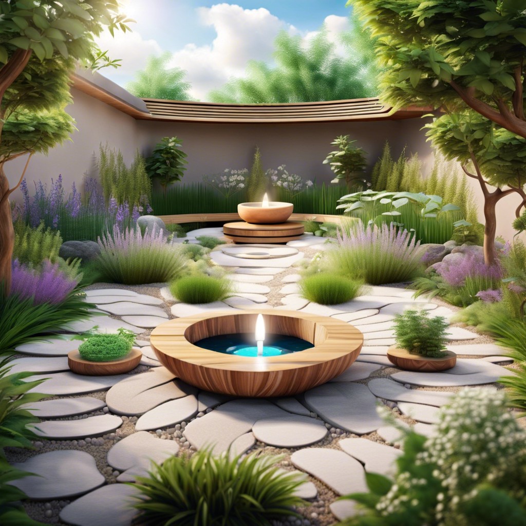 healing garden with aromatic herbs and meditation spots