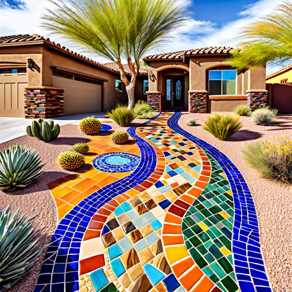 include a mosaic of colorful tiles in the walkway