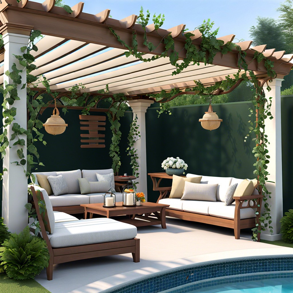 install a poolside pergola with climbing vines