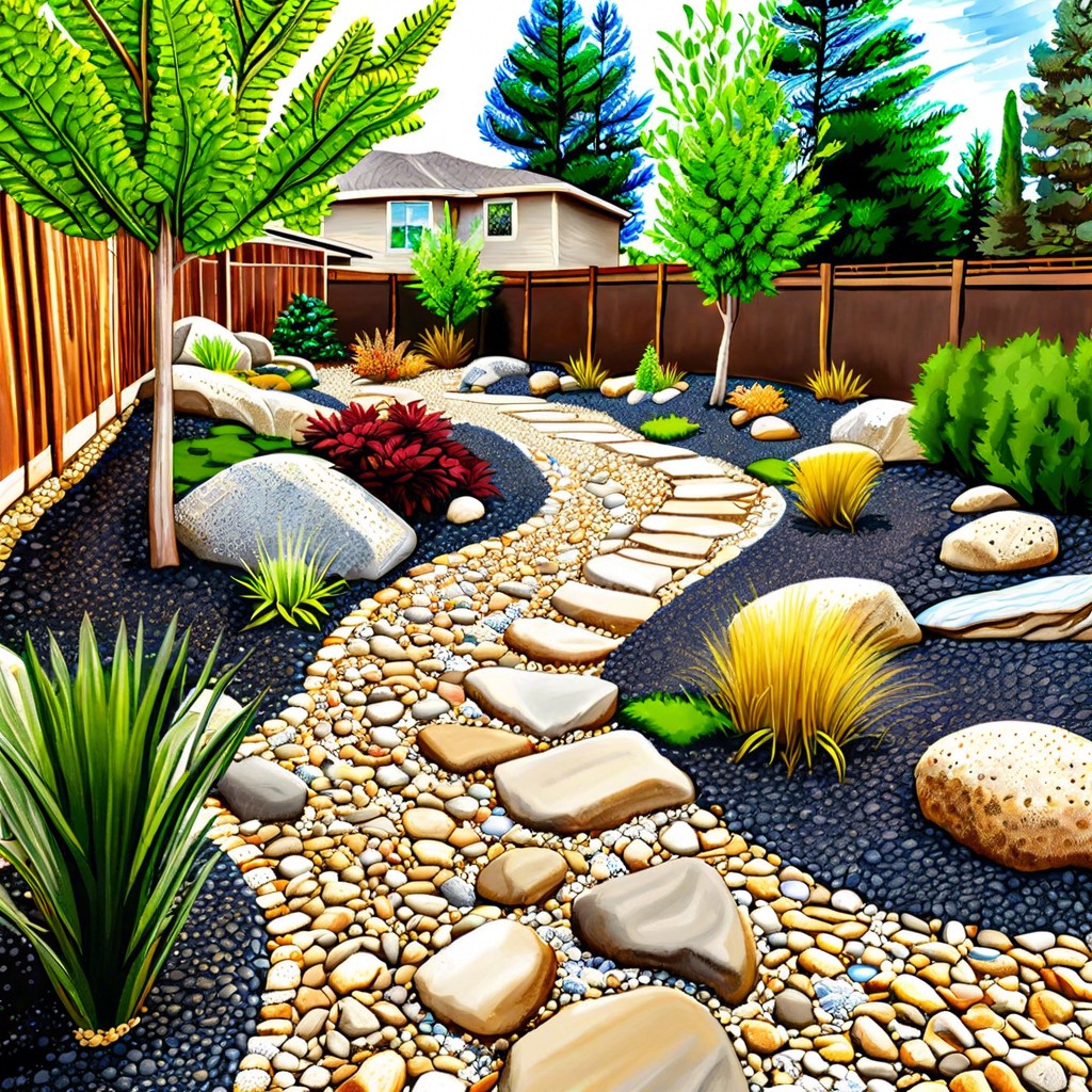 integrate a dry riverbed feature for aesthetics and drainage