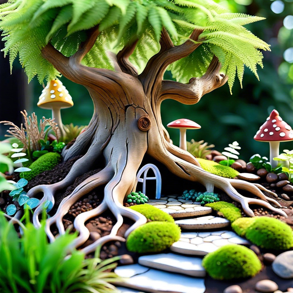 integrate tree roots into a fairy garden design