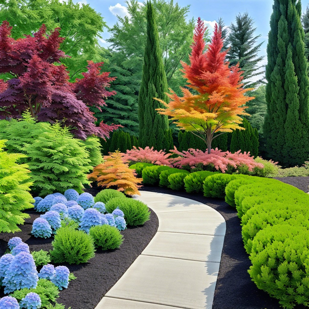 intersperse colorful perennial flowers between arborvitae for contrast