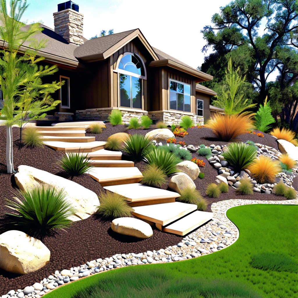 introduce a serpentine dry creek bed for drainage and aesthetics