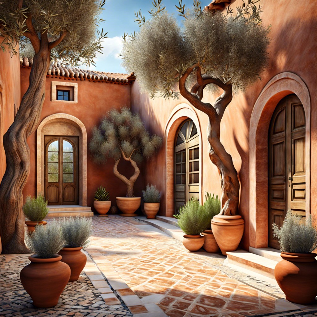 mediterranean courtyard with olive trees and terracotta
