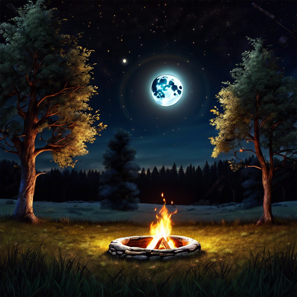 moonlit meadow with fire ring