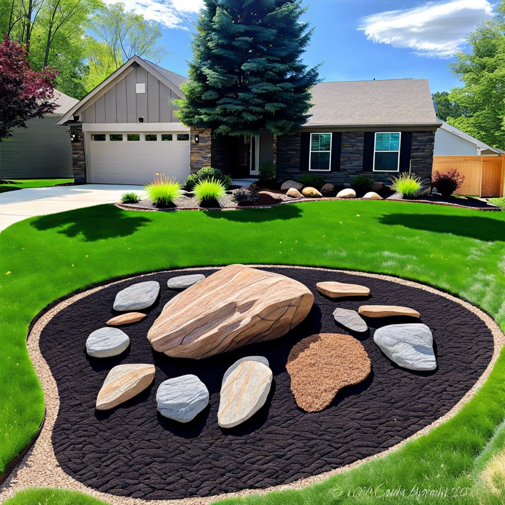 mulch art with contrasting rock outlines