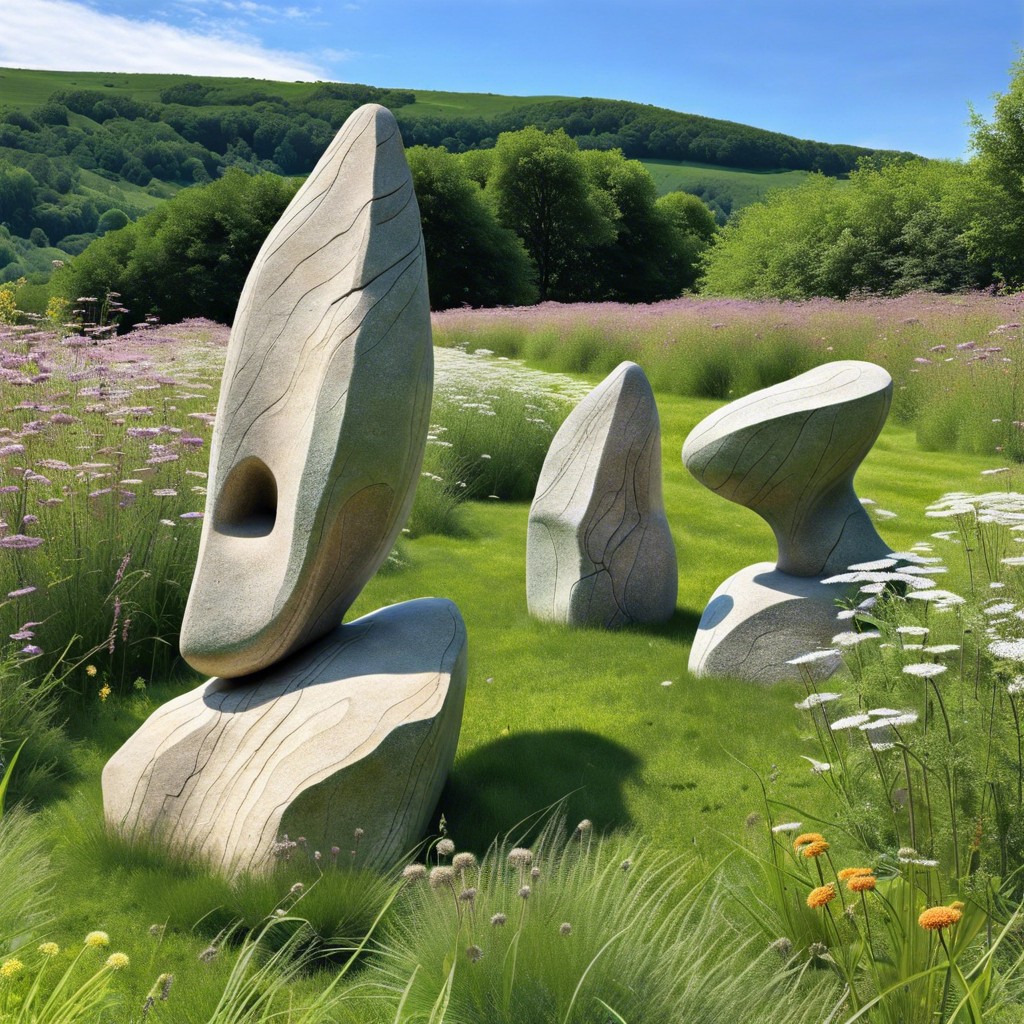 natural stone sculptures amid wildflowers