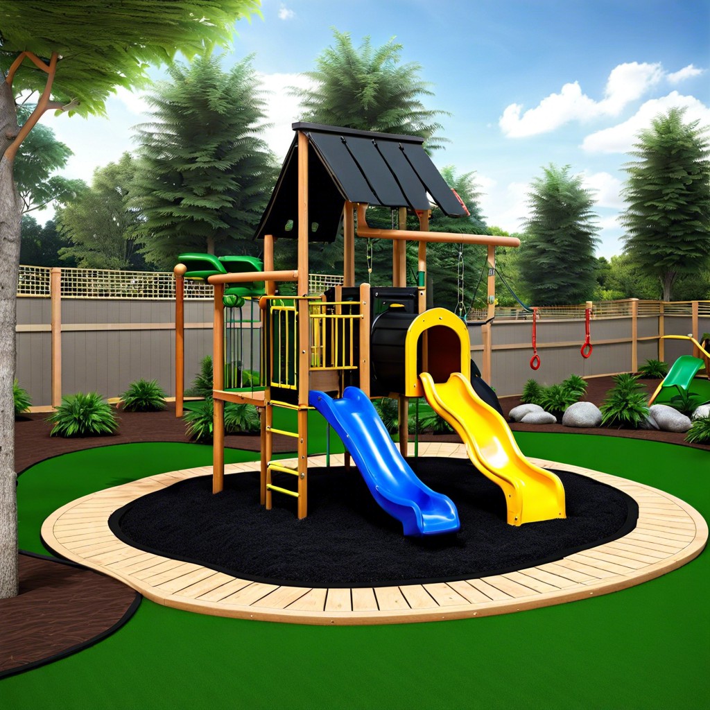 play area with black mulch and jungle gym