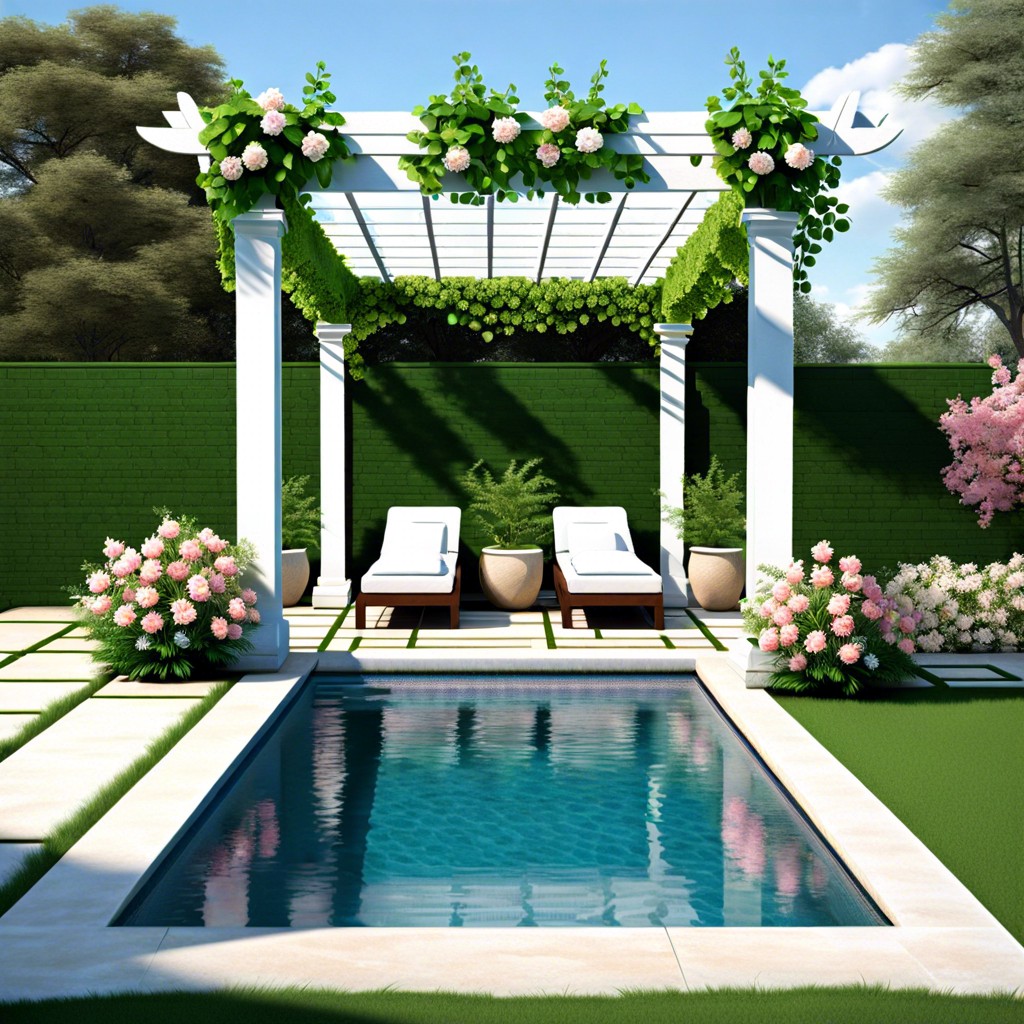 pool with overhanging flowering trellis