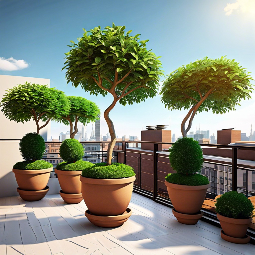 rooftop oasis with potted trees