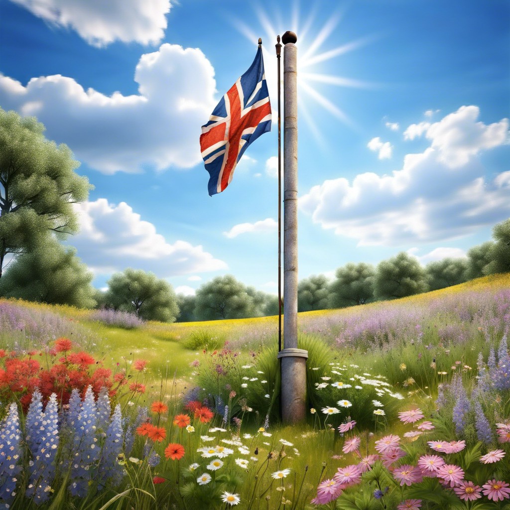 rustic flagpole with wildflower meadow