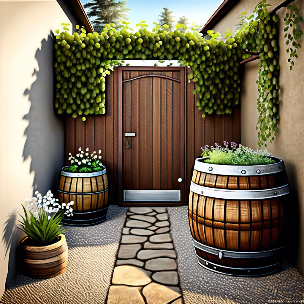 rustic side yard with repurposed wine barrel planters