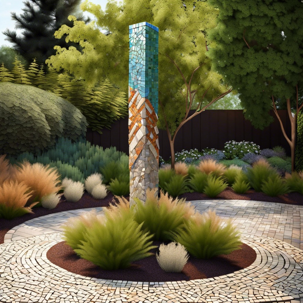 sculptural flagpole with groundcover mosaic