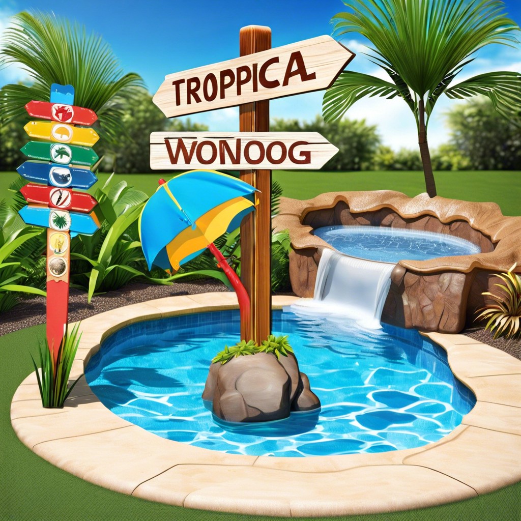 themed poolside signposts