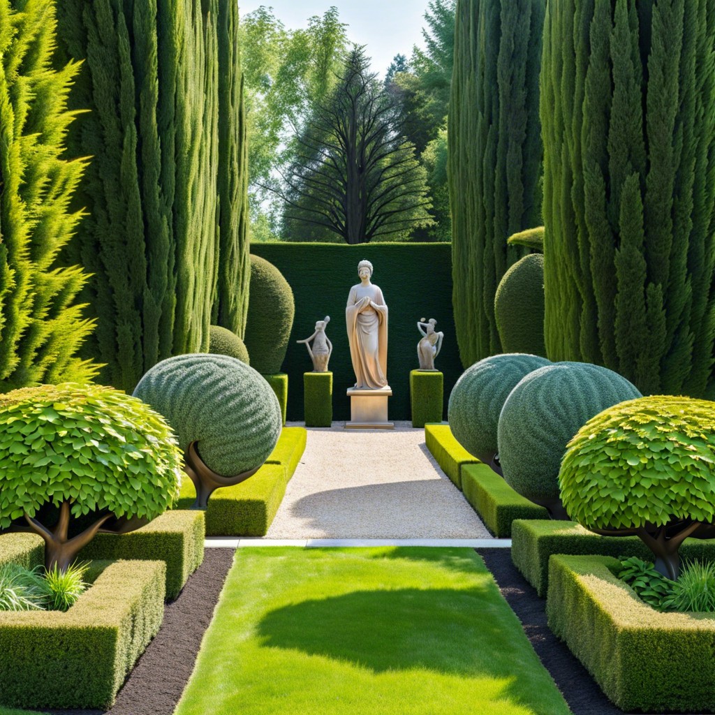 use arborvitae as a green backdrop for a sculpture garden