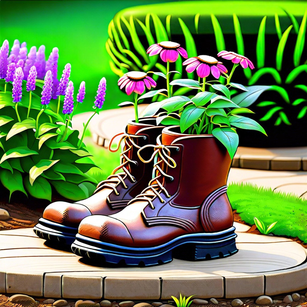 use recycled materials like old boots or tires as quirky plant containers