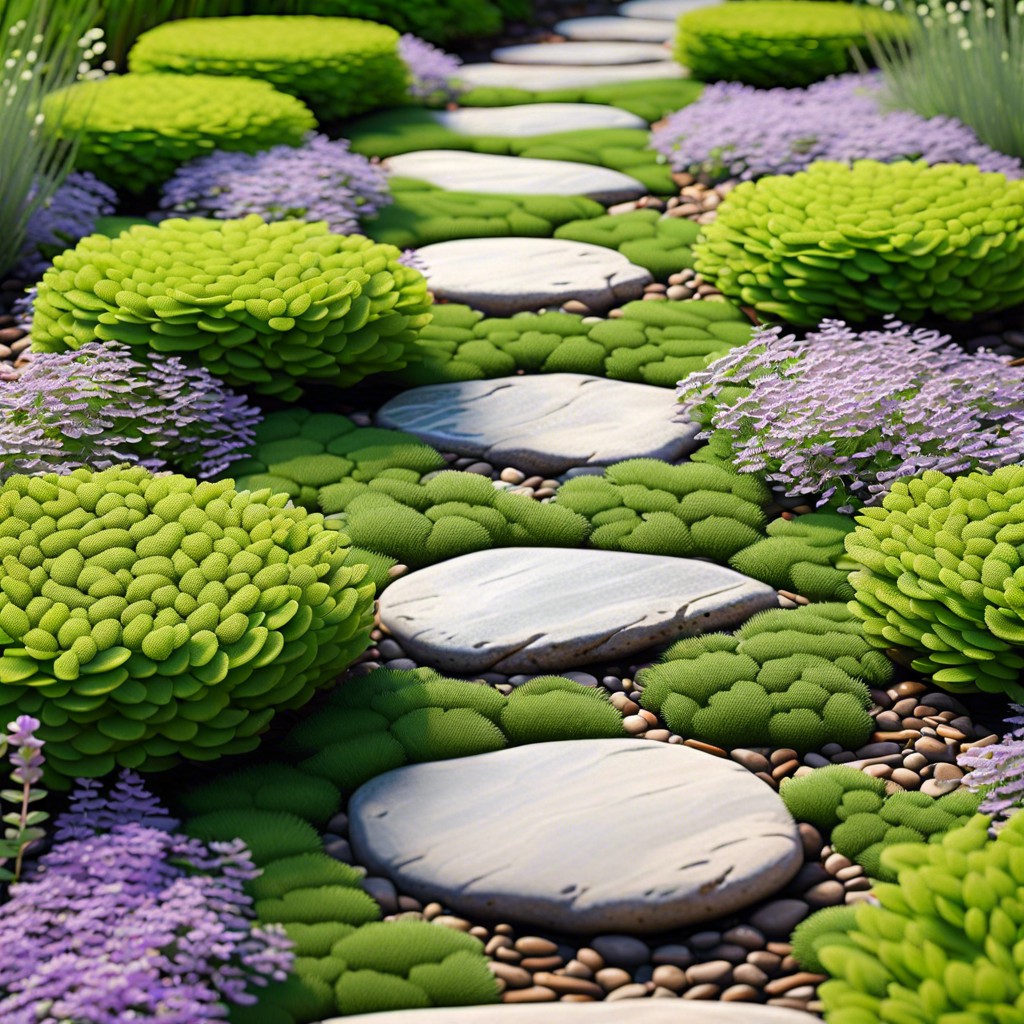 weathered stepping stones in creeping thyme