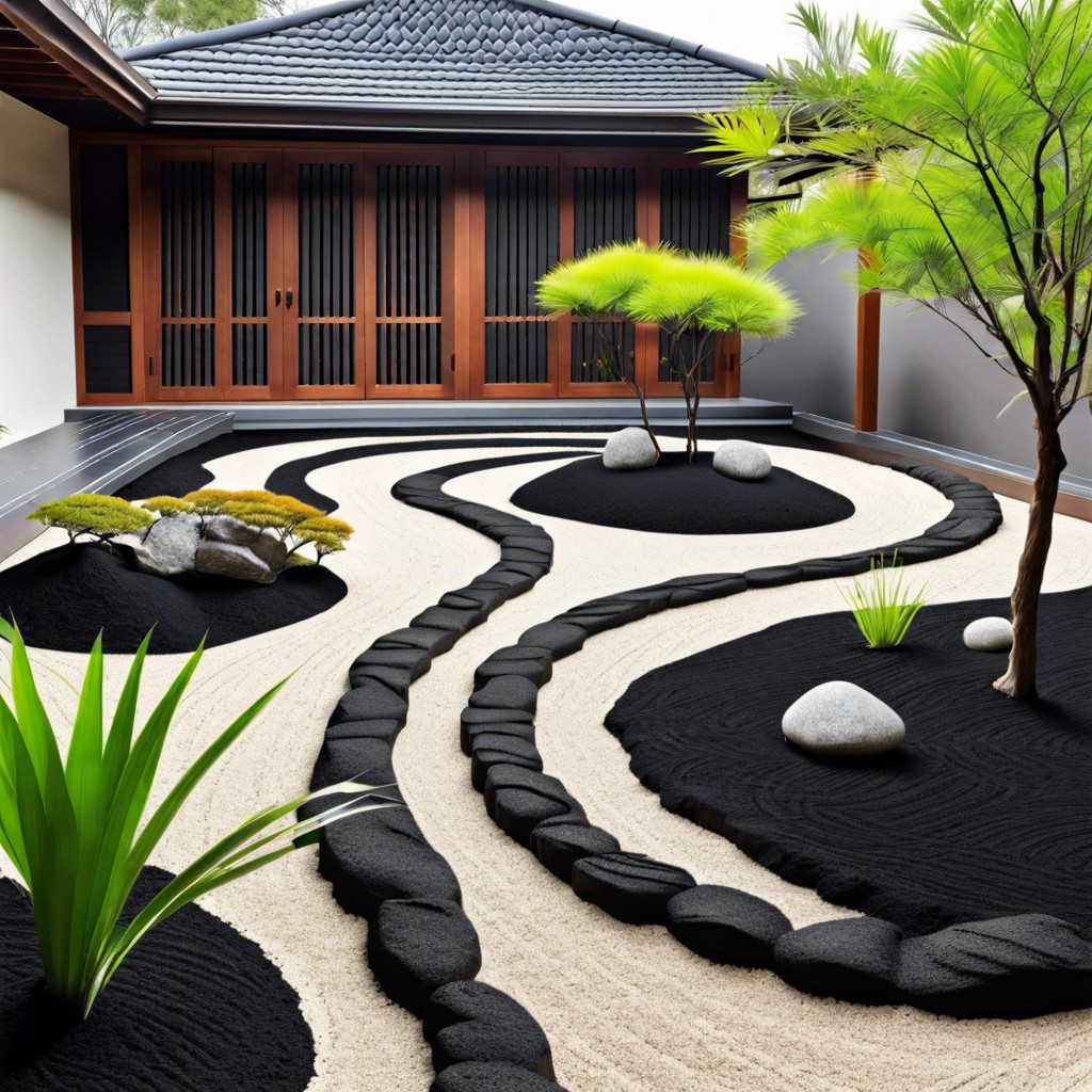 zen garden raked black mulch patterns
