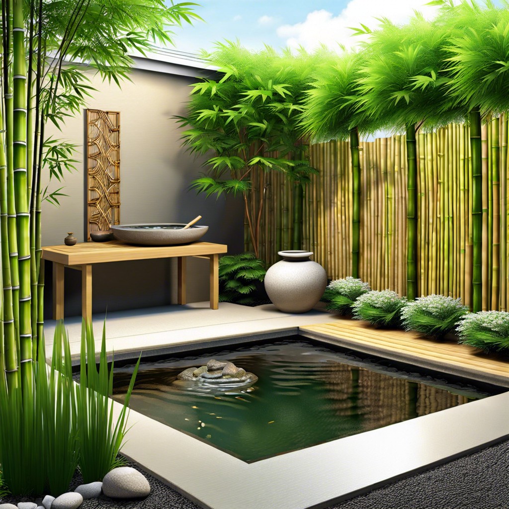 zen inspired side yard with bamboo and water feature