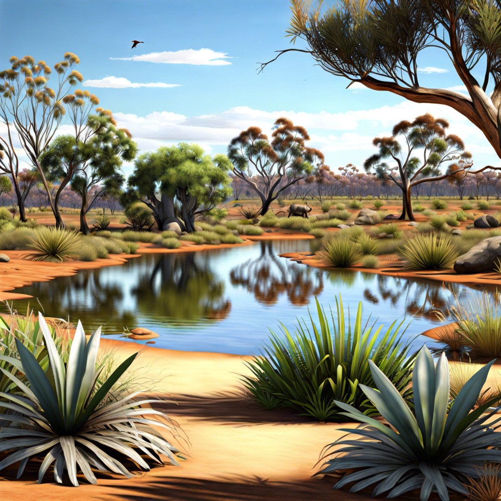 australian outback theme with native plants and a billabong