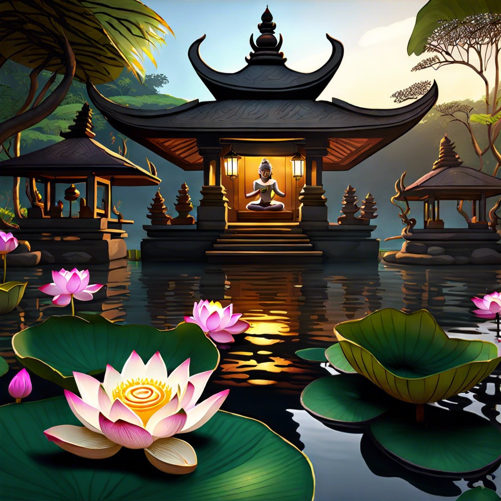 balinese sanctuary with lotus flowers statues and soft lantern lights
