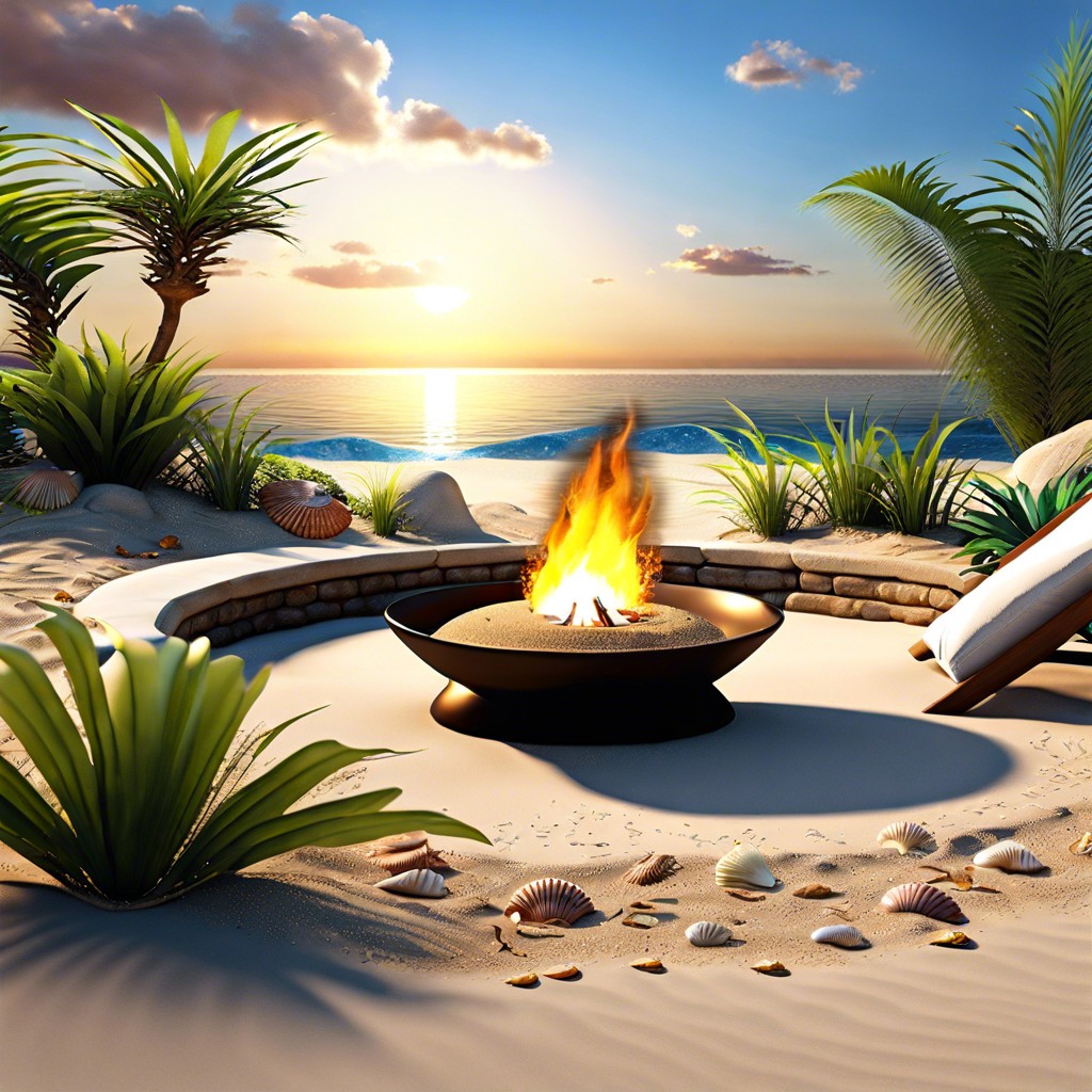 beach paradise with sand seashells and a fire pit