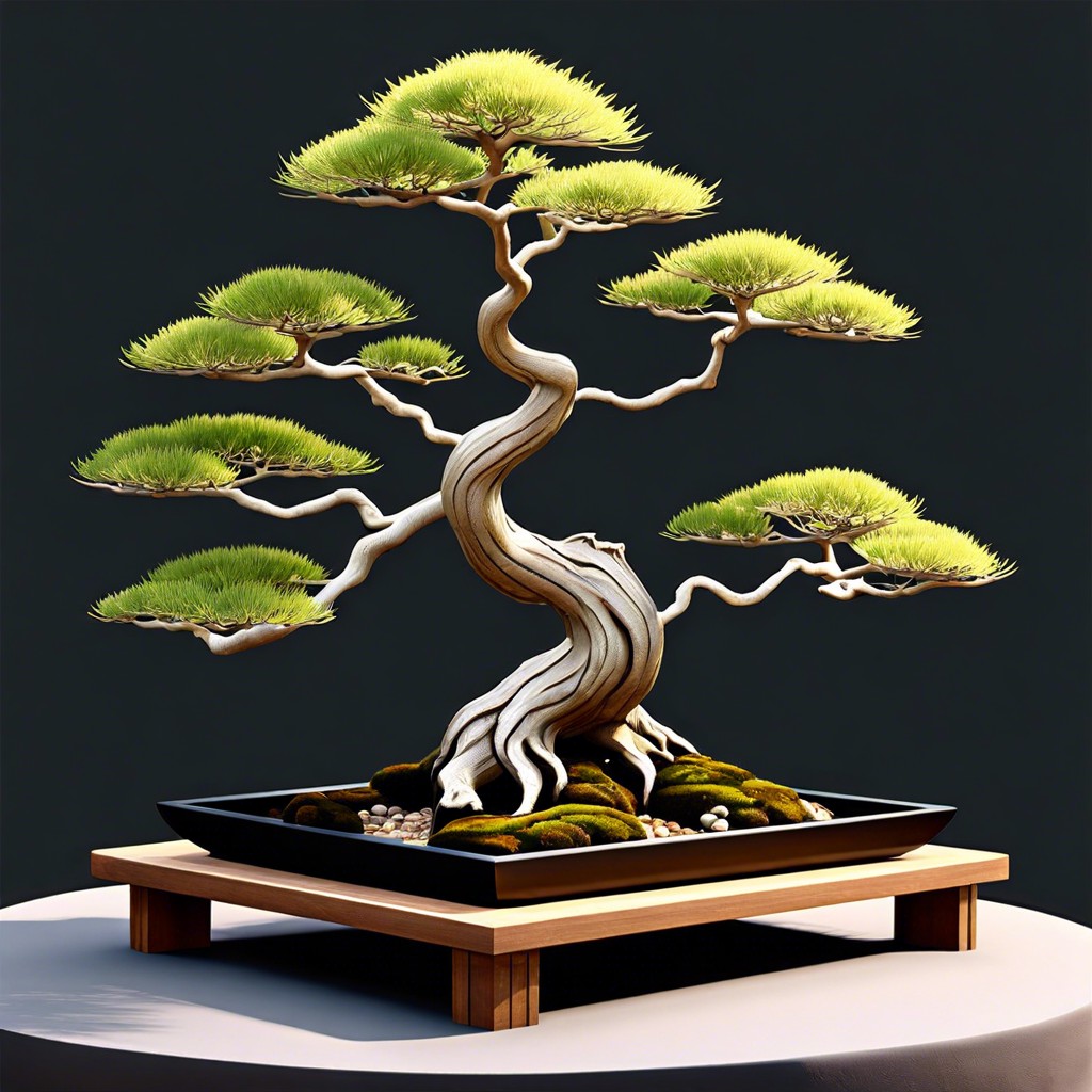 bonsai tree collection displayed on tiered platforms