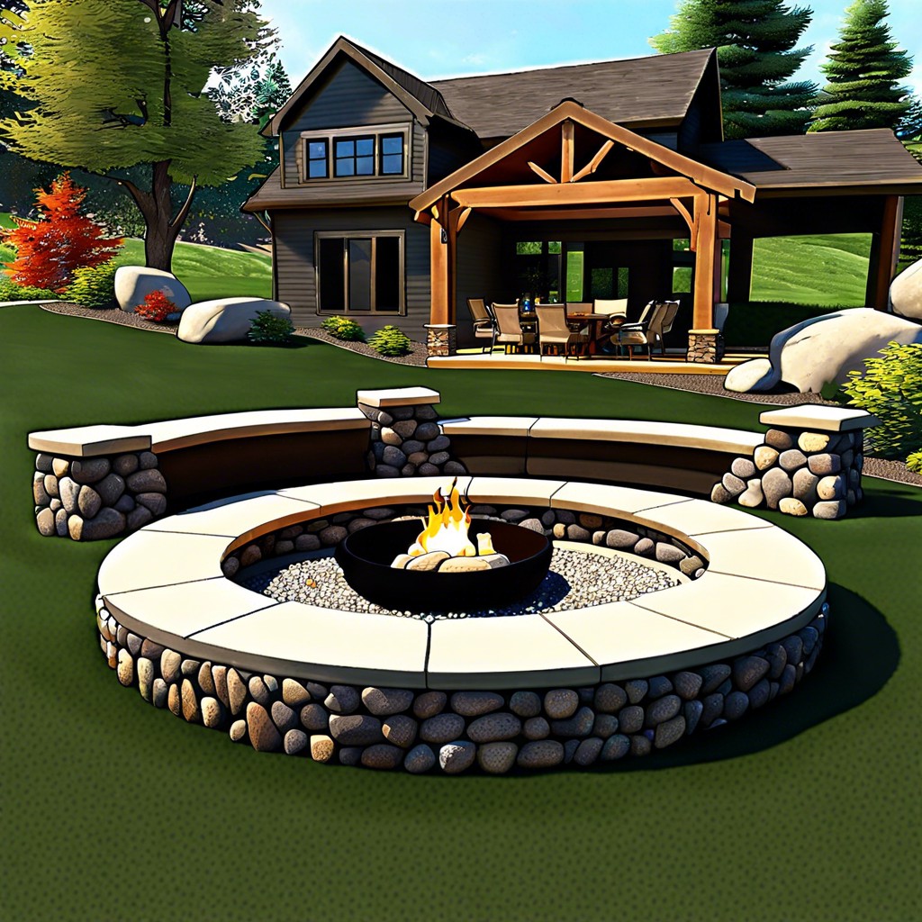 boulders integrated into a sunken fire pit seating area