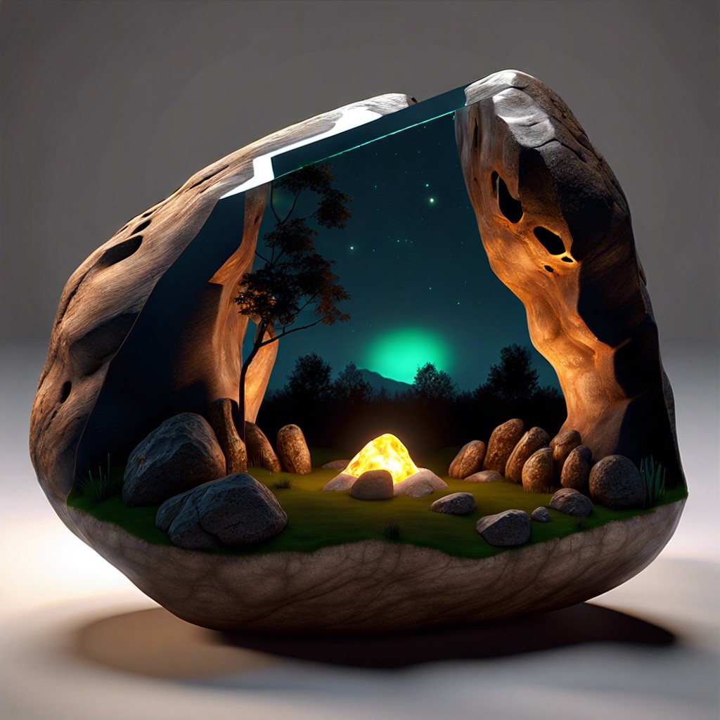 boulders with hollows filled with glowing resin