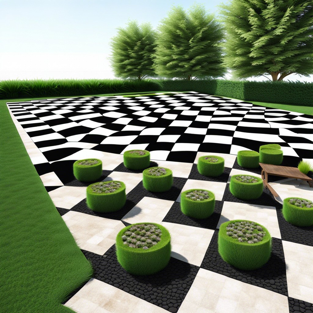 checkerboard landscape design alternating grass with ground cover