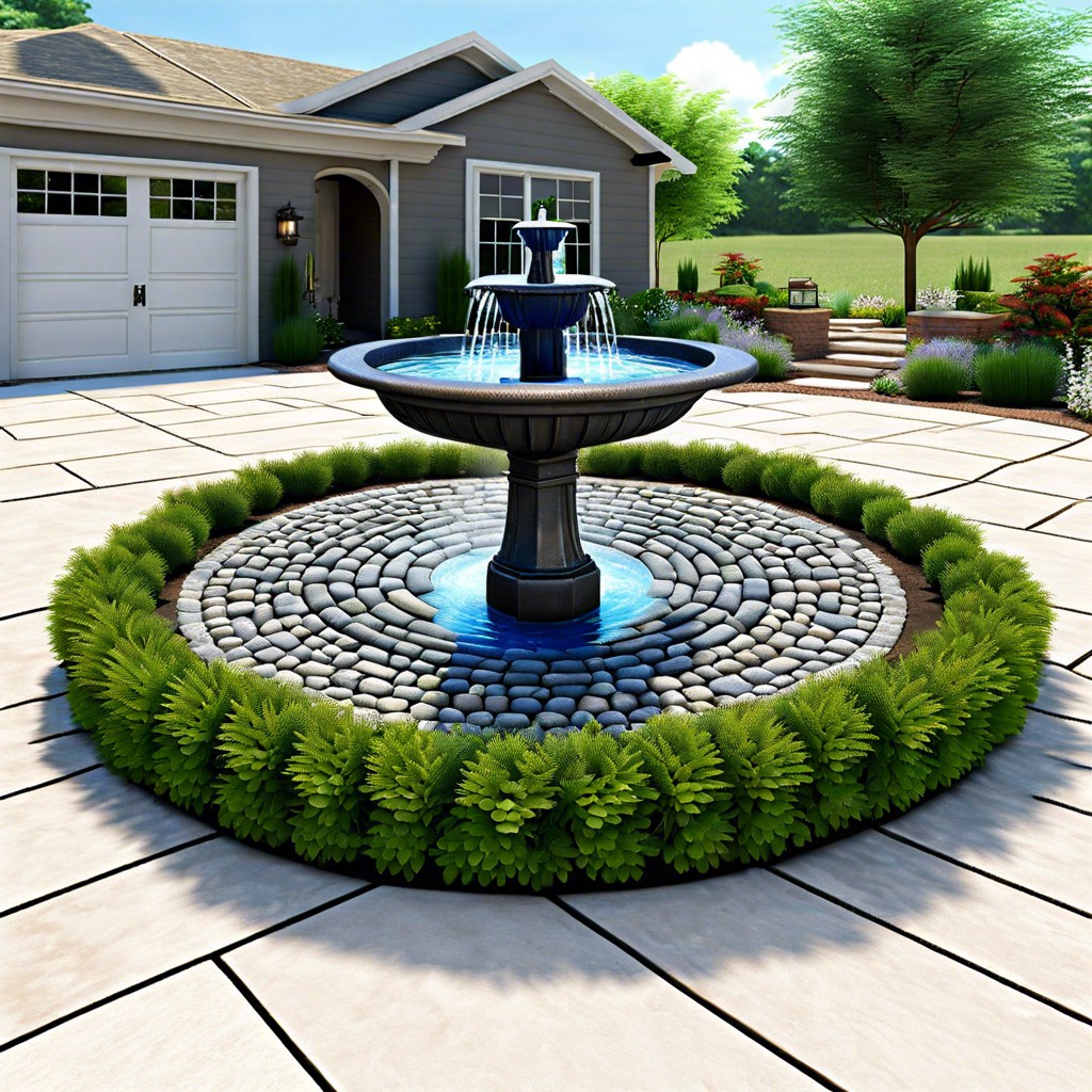 circular cobblestone driveway with a water fountain centerpiece