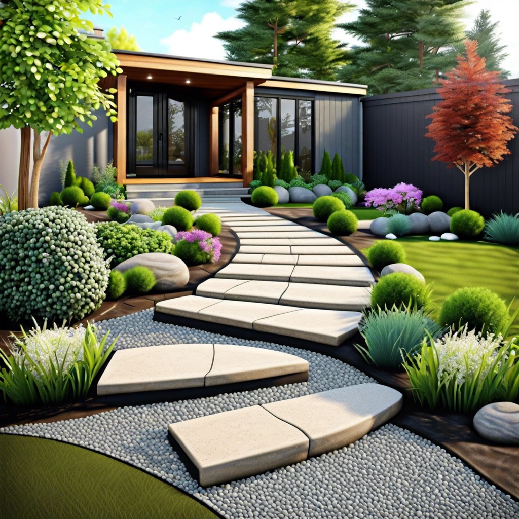 contemporary pea gravel and stepping stone walkway