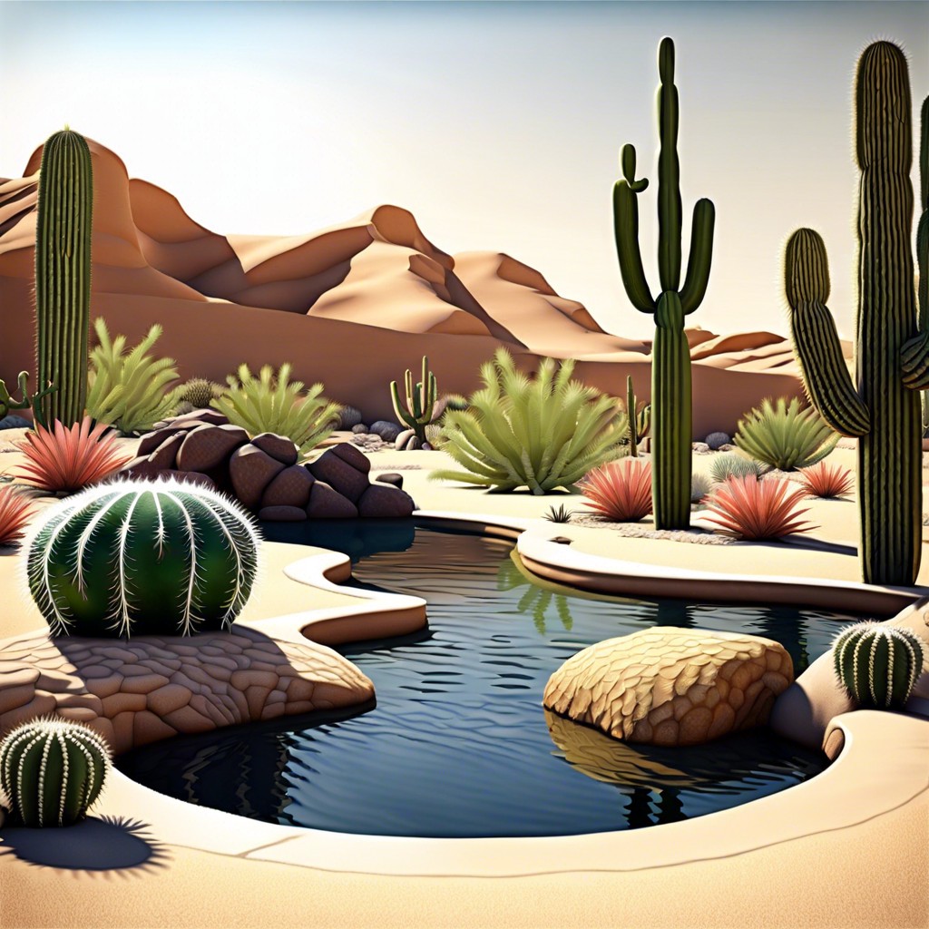 desert oasis with cacti rock gardens and a hidden water feature