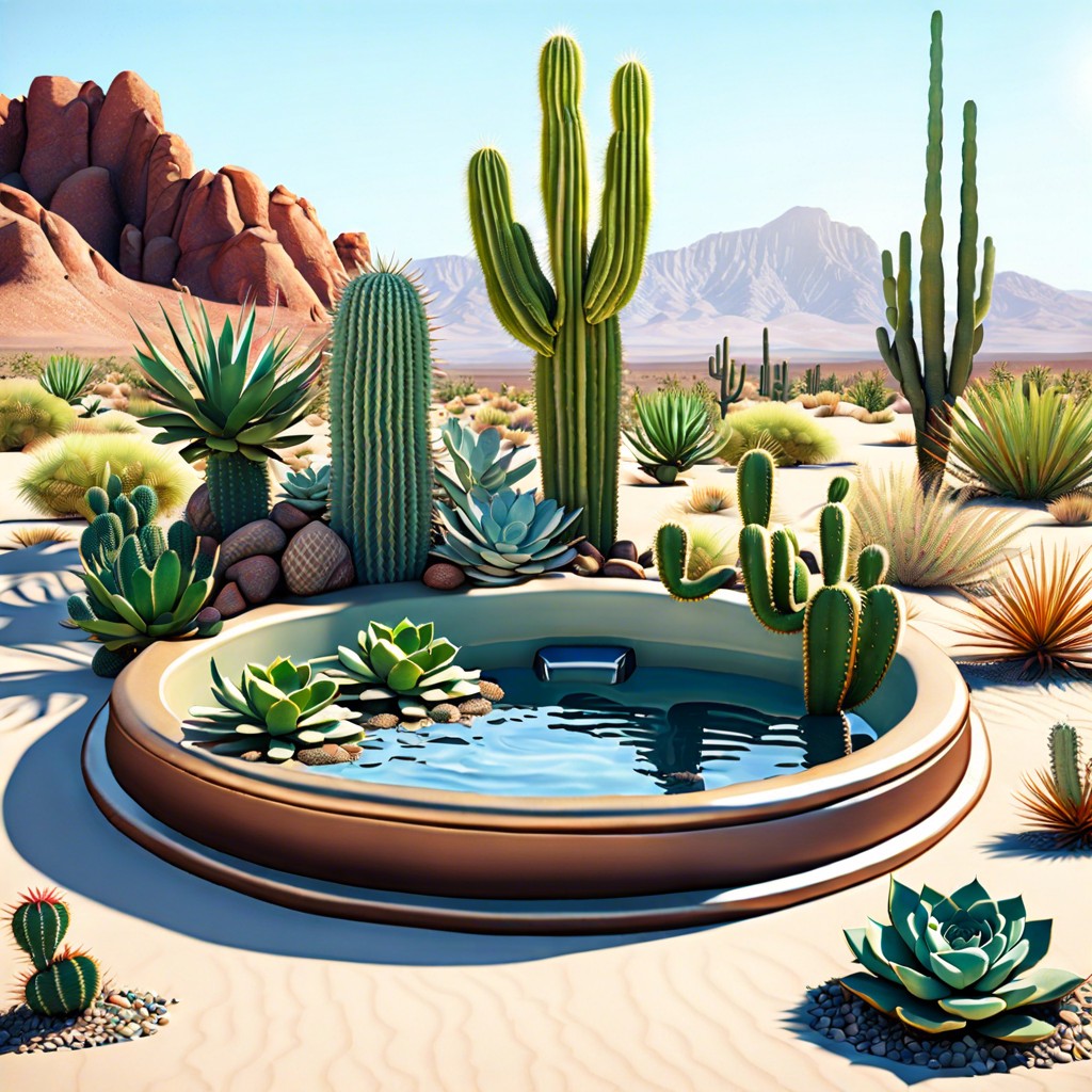 desert scene with cacti succulents and sandy ground cover