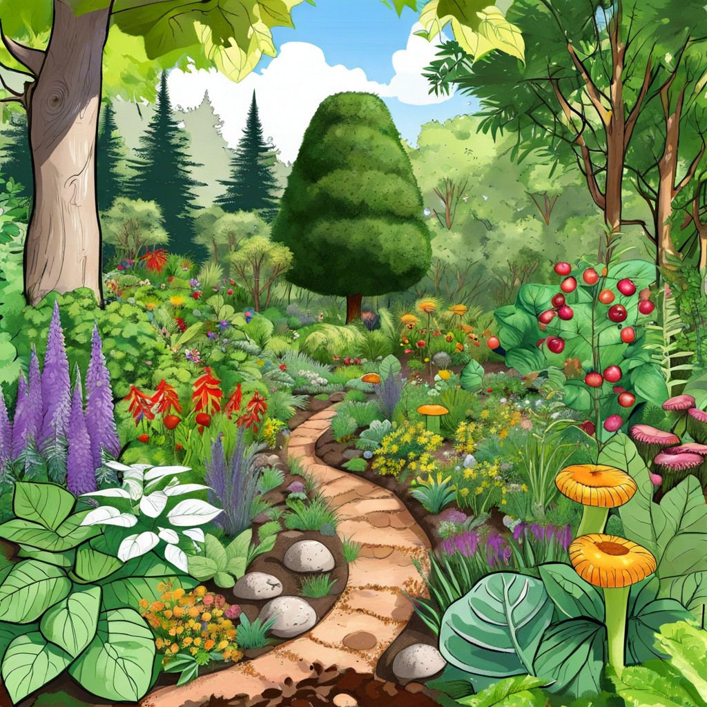 edible forest garden with layers of fruit and nut trees shrubs and groundcovers